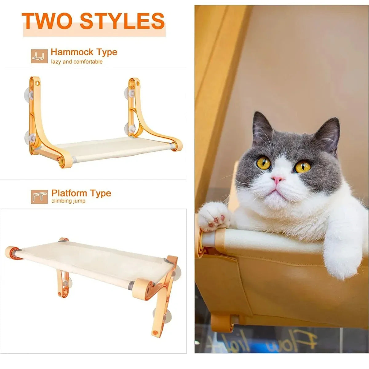 Cat Hammock for Wall Window Glass Suction Cup Style Comfortable Space Saving - Yellow