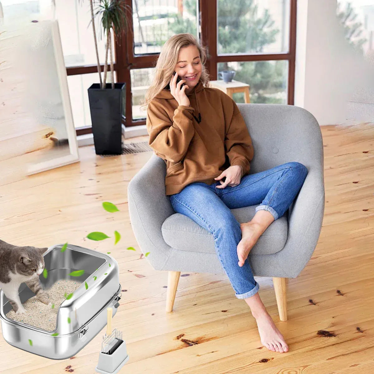 Cat Litter Box Open Design Stainless Steel Large Easy Clean Pet Toilet Tray