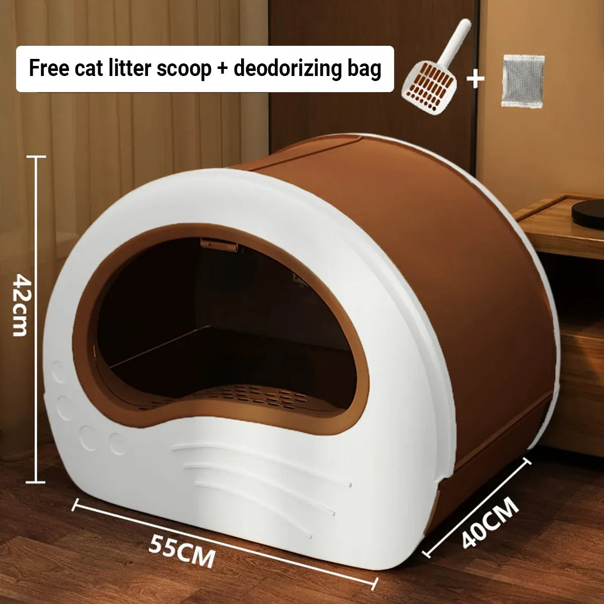 Large Fully Enclosed Cat Litter Box Pet Toilet Odour Control Easy Clean Tray - Coffee
