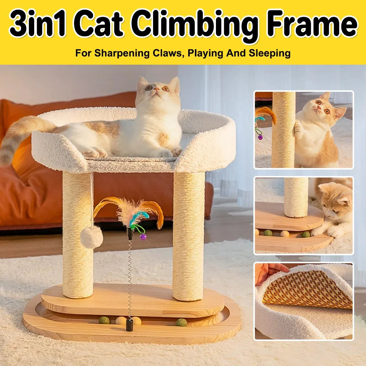 Rotating Cat Tree Cat Condo All in One Scratching Post Sturdy Non Shedding