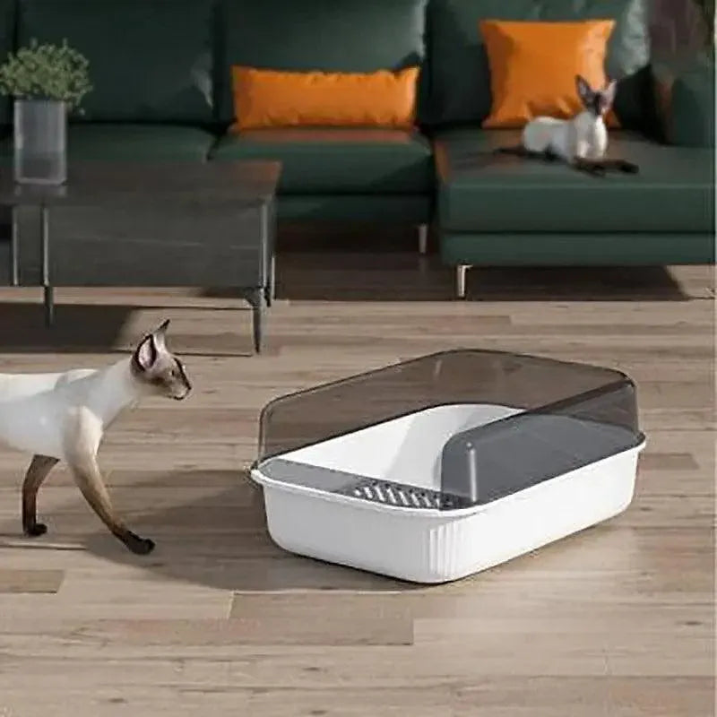 Litter Tray Box with Splash Guard and Wide Opening for Cats Open Top Design - White