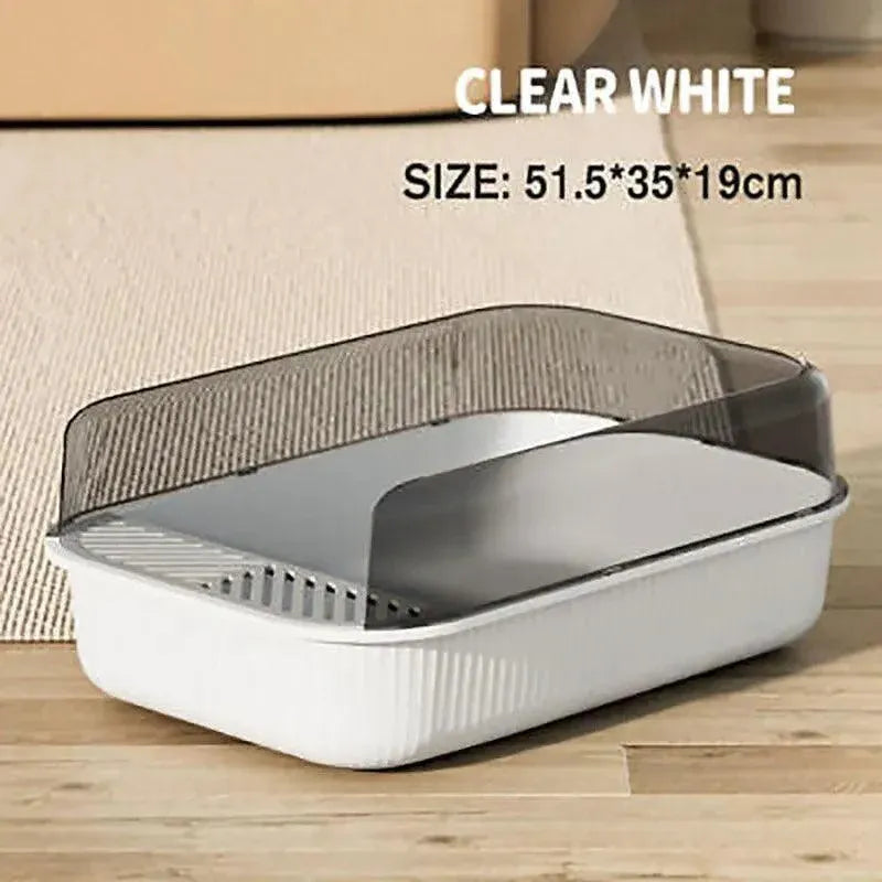 Litter Tray Box with Splash Guard and Wide Opening for Cats Open Top Design - White