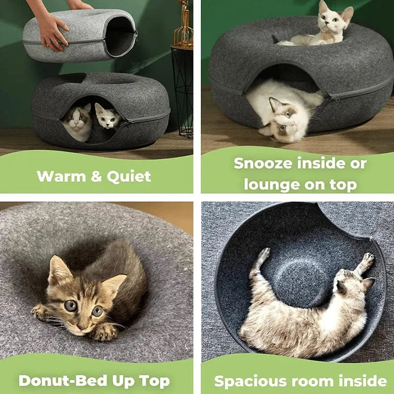 Felt Cat Tunnel Bed Round Donut Cave Nest for Kittens and Small Pets 60x30cm - Dark Grey