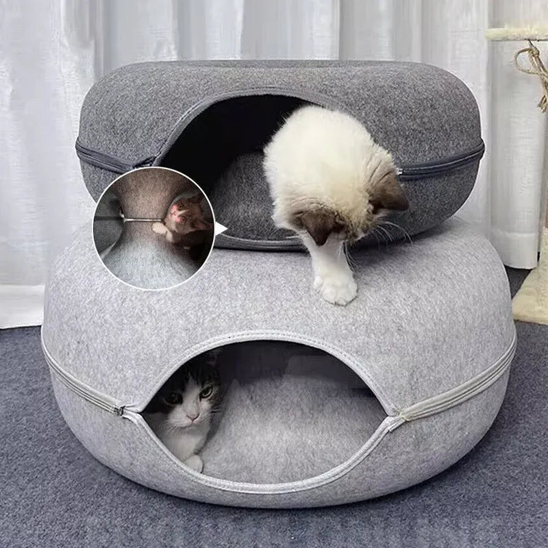 Felt Cat Tunnel Bed Round Donut Cave Nest for Kittens and Small Pets 60x30cm - Dark Grey