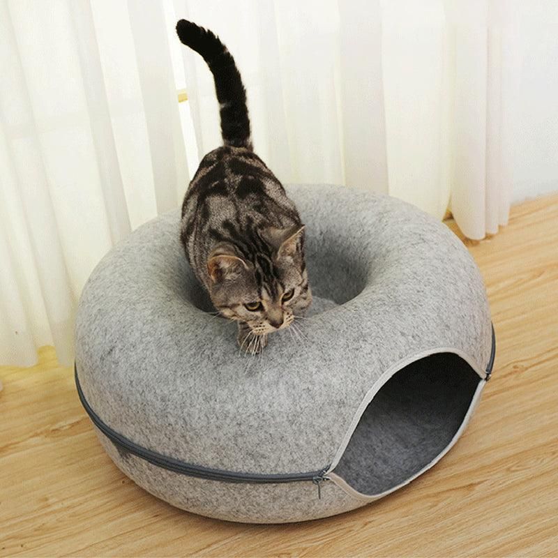 Felt Cat Tunnel Bed Round Donut Cave Nest for Kittens and Small Pets 60x30cm - Dark Grey