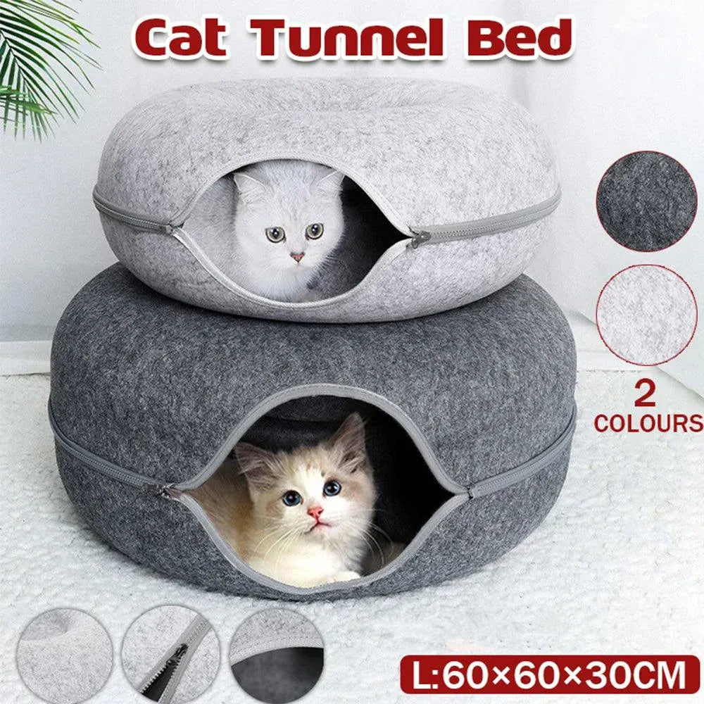 Felt Cat Tunnel Bed Round Donut Cave Nest for Kittens and Small Pets 60x30cm - Light Grey