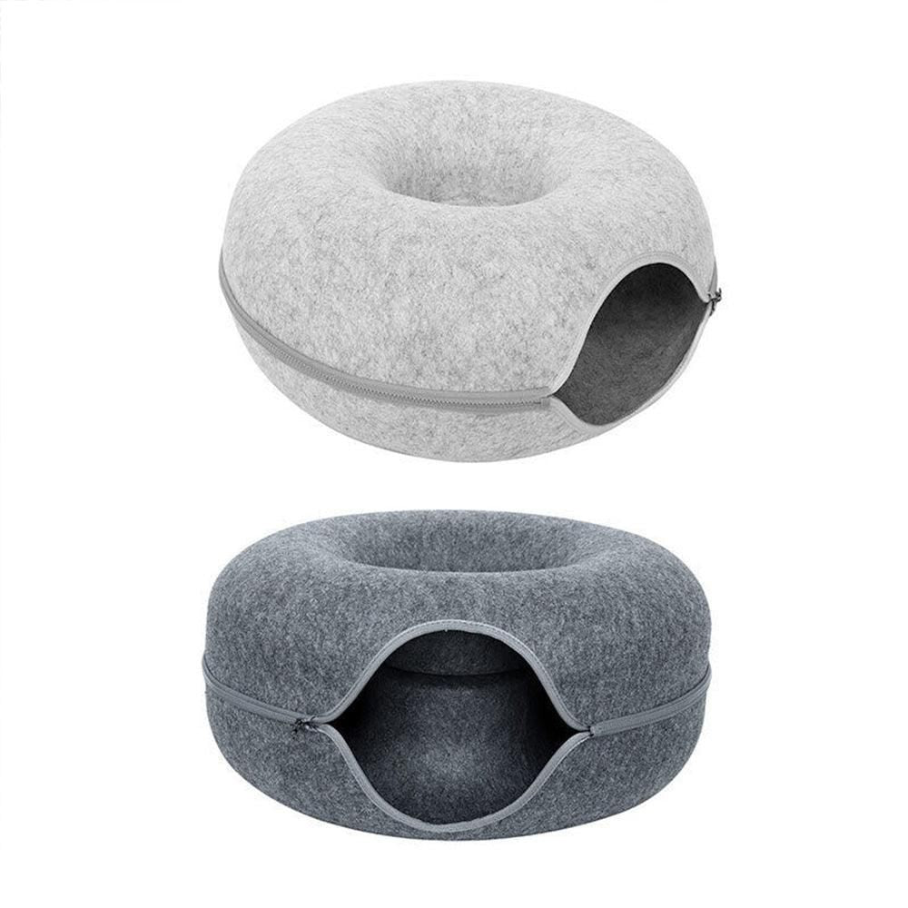 Felt Cat Tunnel Bed Round Donut Cave Nest for Kittens and Small Pets 60x30cm - Light Grey