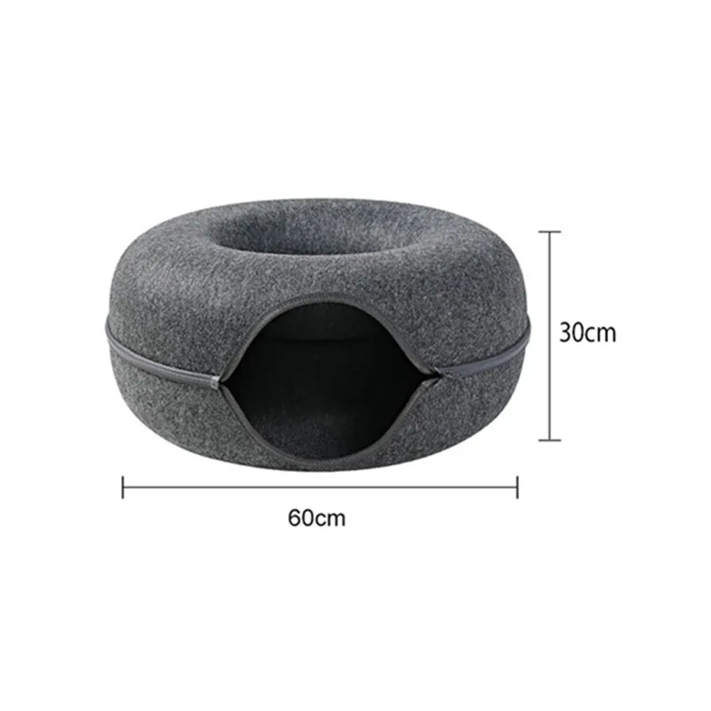 Felt Cat Tunnel Bed Round Donut Cave Nest for Kittens and Small Pets 60x30cm - Light Grey
