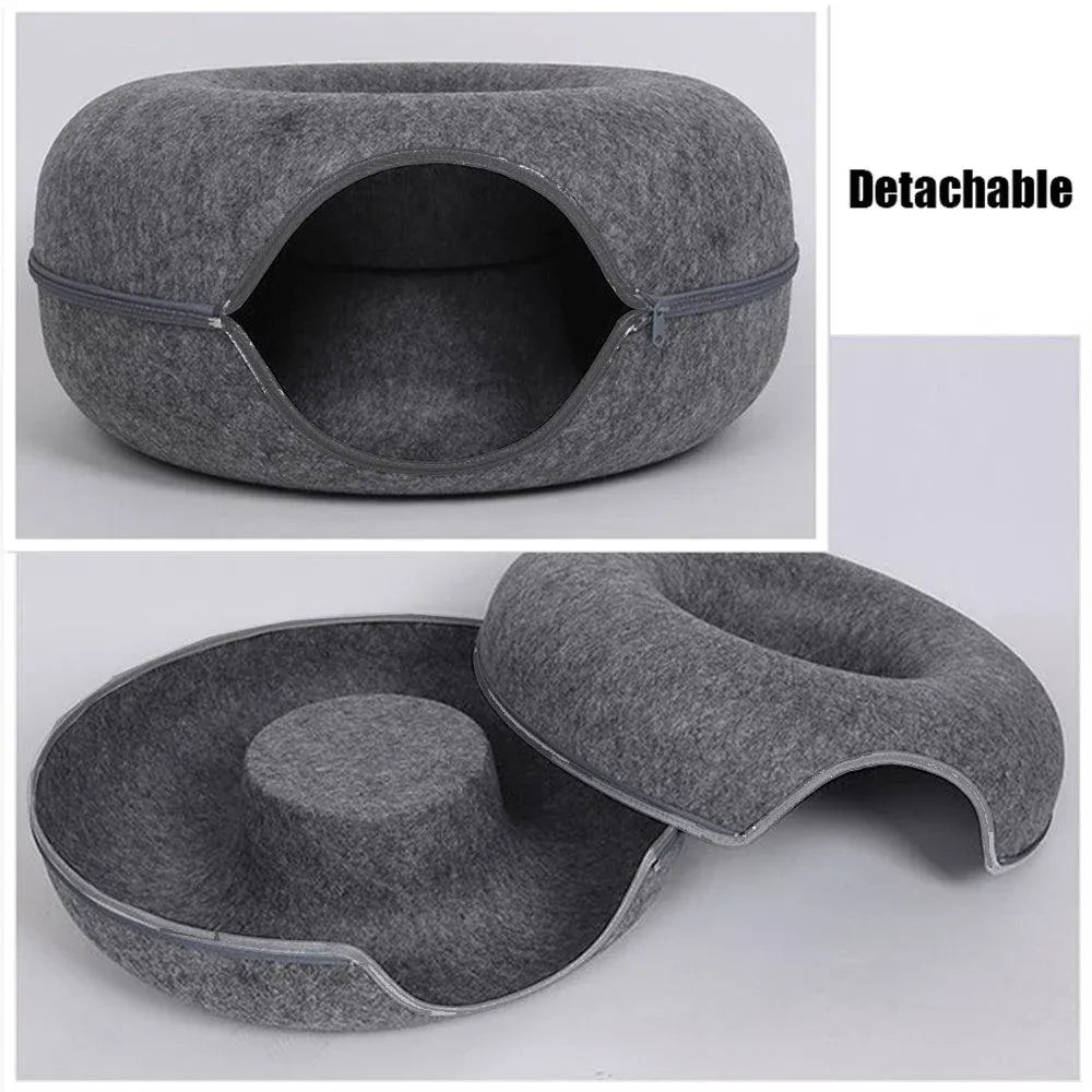 Felt Cat Tunnel Bed Round Donut Cave Nest for Kittens and Small Pets 60x30cm - Light Grey