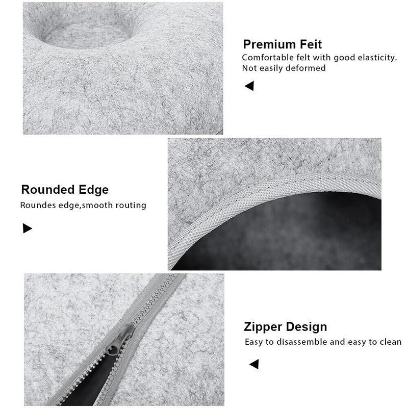 Felt Cat Tunnel Bed Round Donut Cave Nest for Kittens and Small Pets 60x30cm - Light Grey