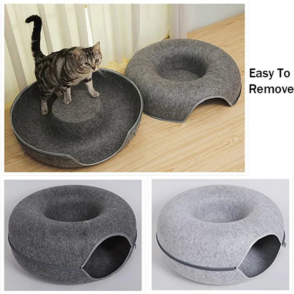 Felt Cat Tunnel Bed Round Donut Cave Nest for Kittens and Small Pets 60x30cm - Light Grey