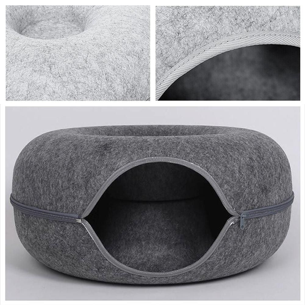Felt Cat Tunnel Bed Round Donut Cave Nest for Kittens and Small Pets 60x30cm - Light Grey