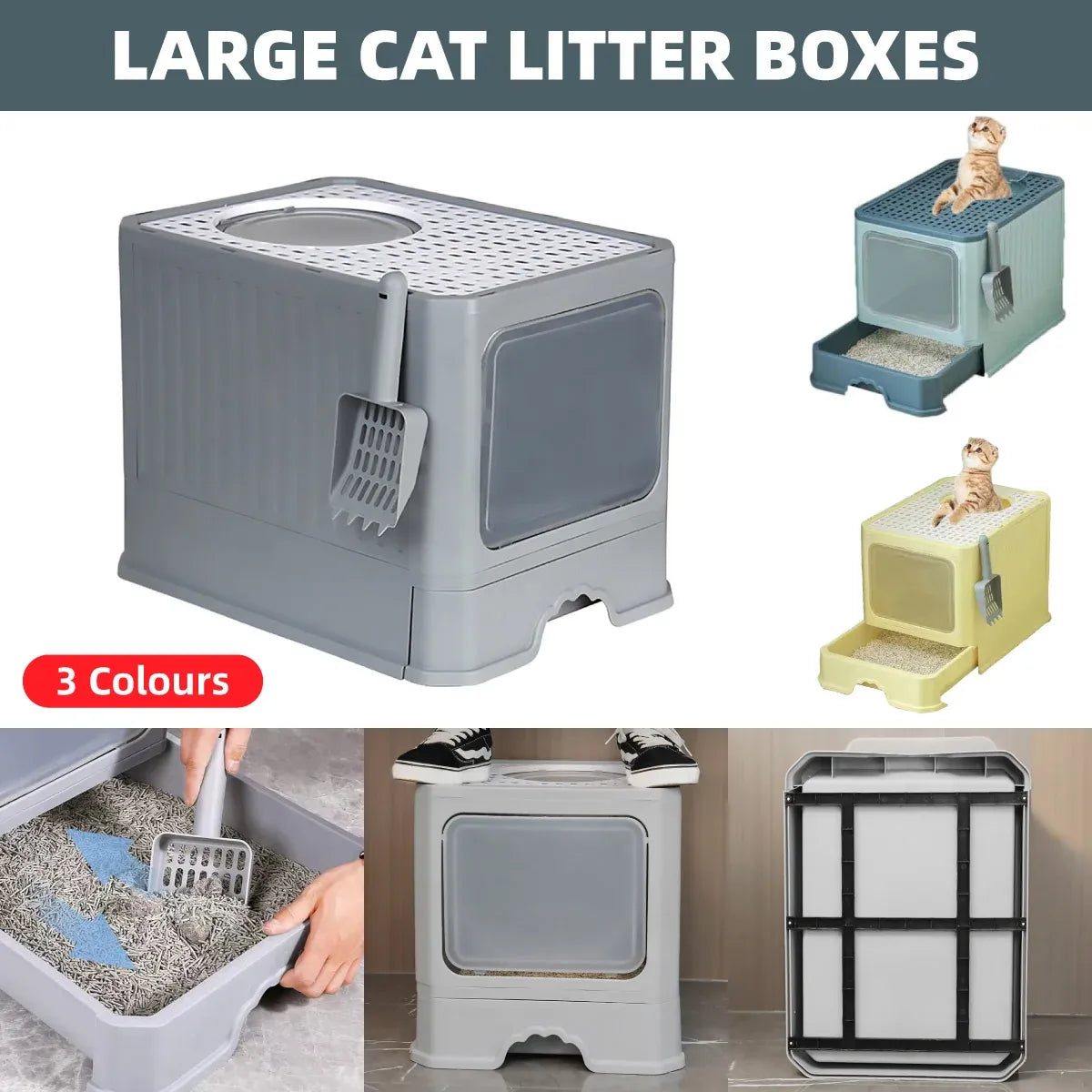 Large Fully Enclosed Cat Litter Box Cat Toilet Pet Litter Tray Odor Control - Yellow