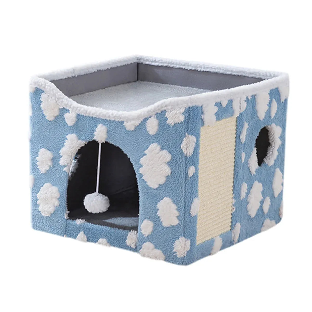 Cat Bed Foldable Double Layer Upper Lower Pet House Sleeping Nest Cushion - Blue