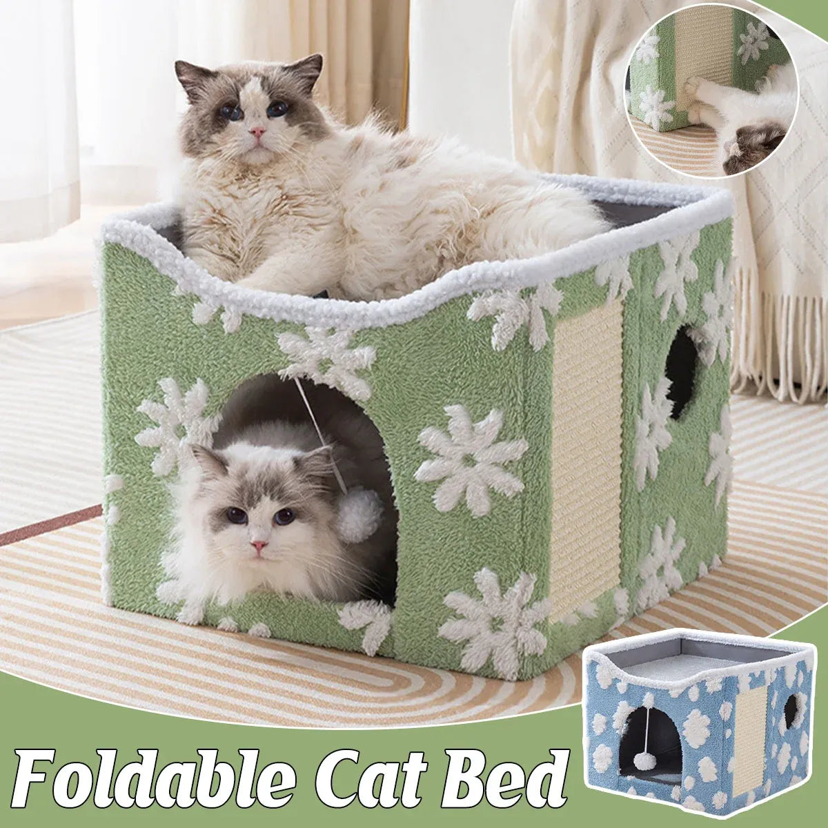 Cat Bed Foldable Double Layer Upper Lower Pet House Sleeping Nest Cushion - Blue