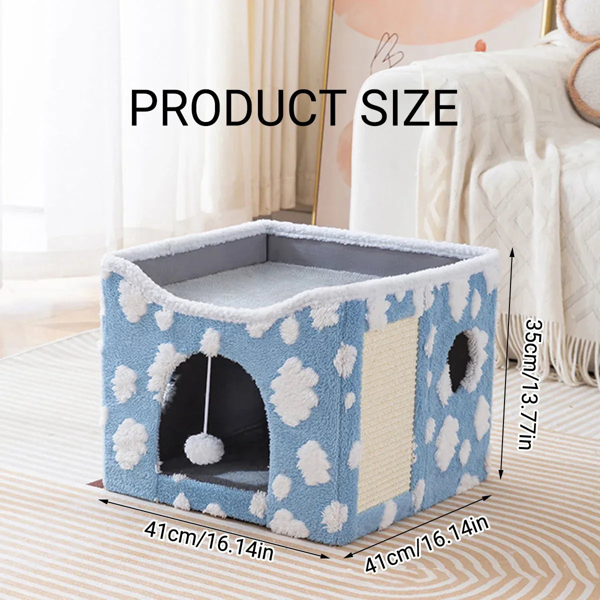 Cat Bed Foldable Double Layer Upper Lower Pet House Sleeping Nest Cushion - Blue