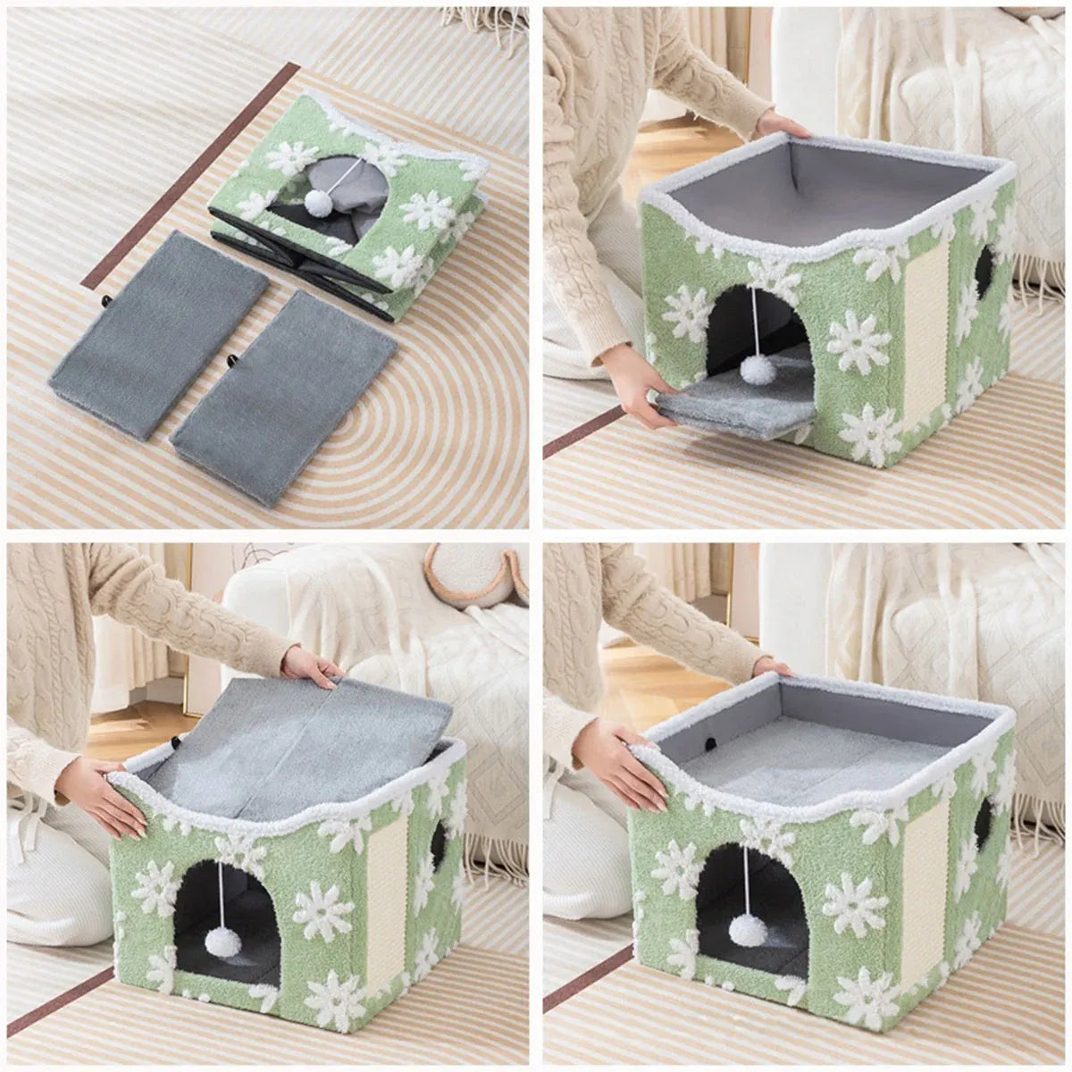 Cat Bed Foldable Double Layer Upper Lower Pet House Sleeping Nest Cushion - Blue