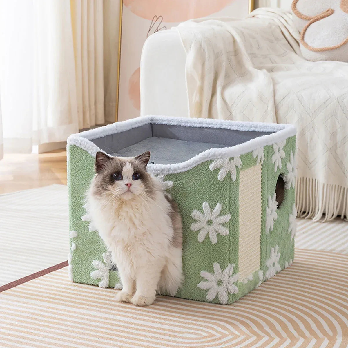 Cat Bed Foldable Double Layer Upper Lower Pet House Sleeping Nest Cushion - Blue