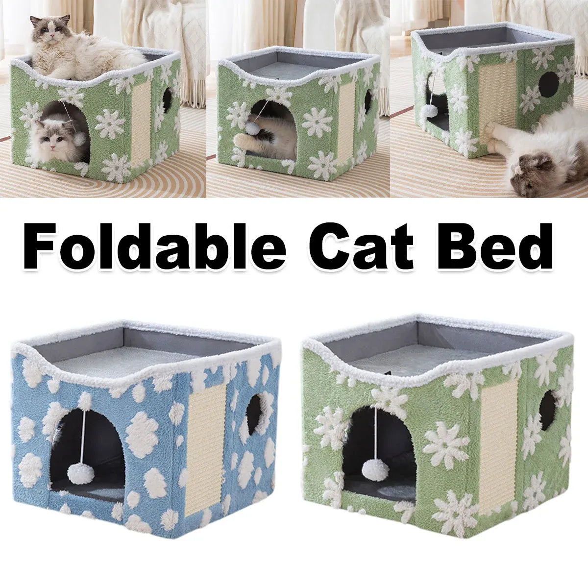 Cat Bed Foldable Double Layer Upper Lower Pet House Sleeping Nest Cushion - Blue