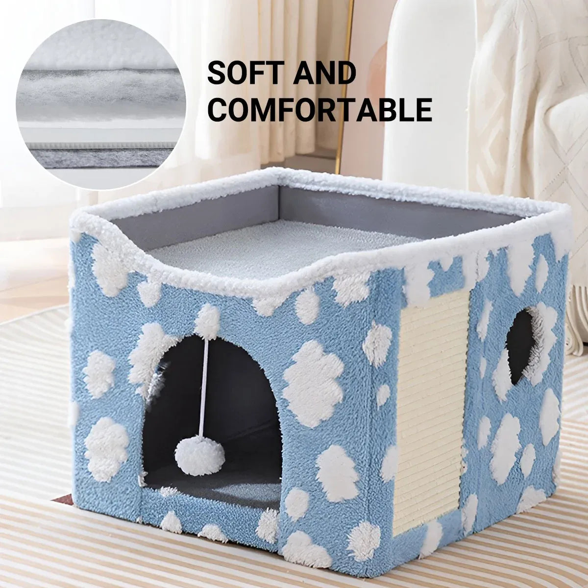 Cat Bed Foldable Double Layer Upper Lower Pet House Sleeping Nest Cushion - Blue