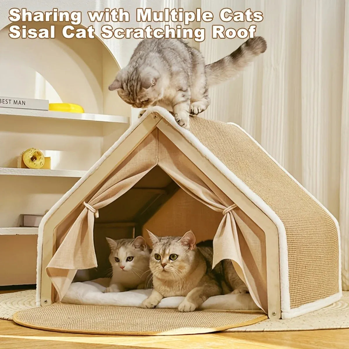 Cat Tent House Semi Enclosed Nest Cat Bed Scratch Board Indoor Kitten Shelter