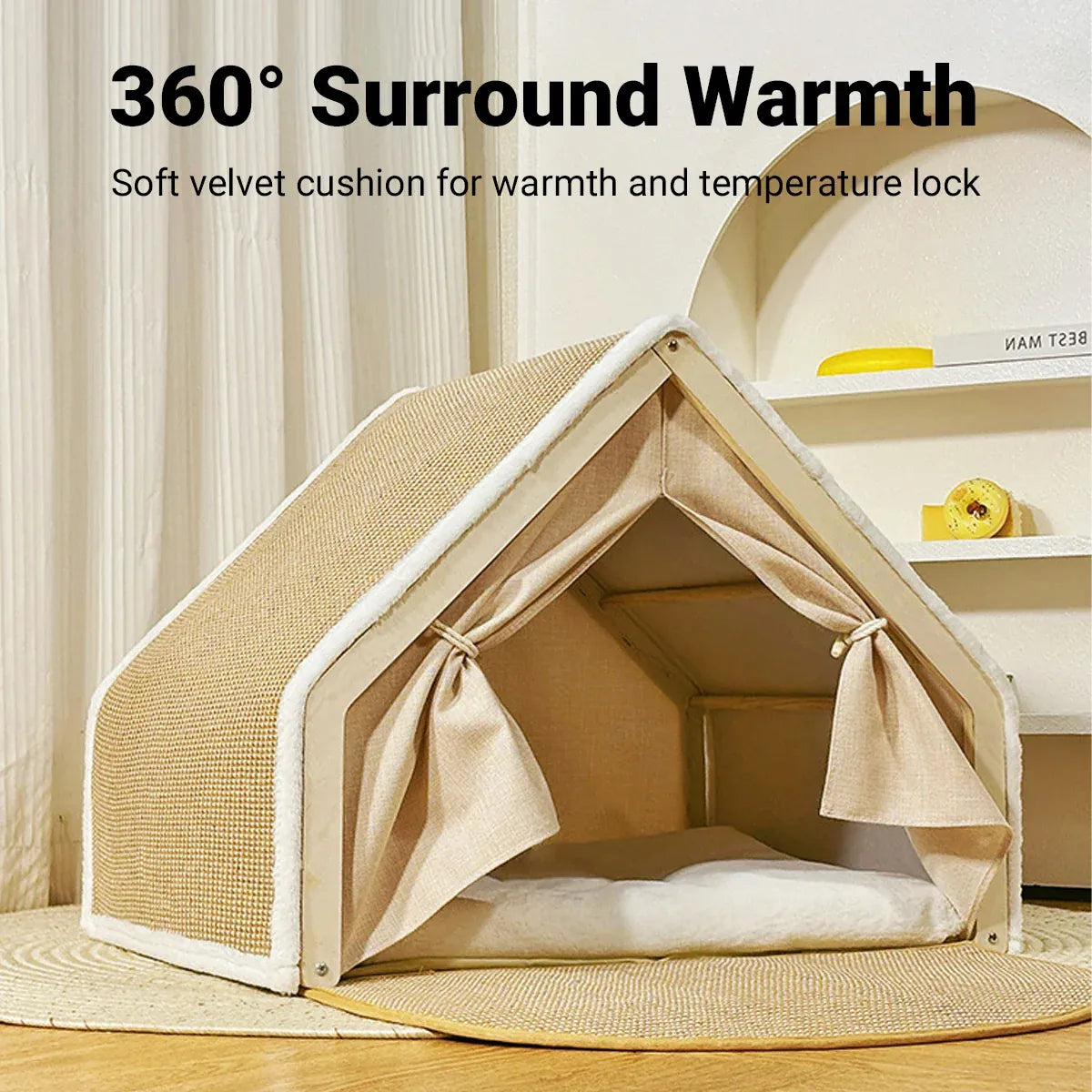 Cat Tent House Semi Enclosed Nest Cat Bed Scratch Board Indoor Kitten Shelter