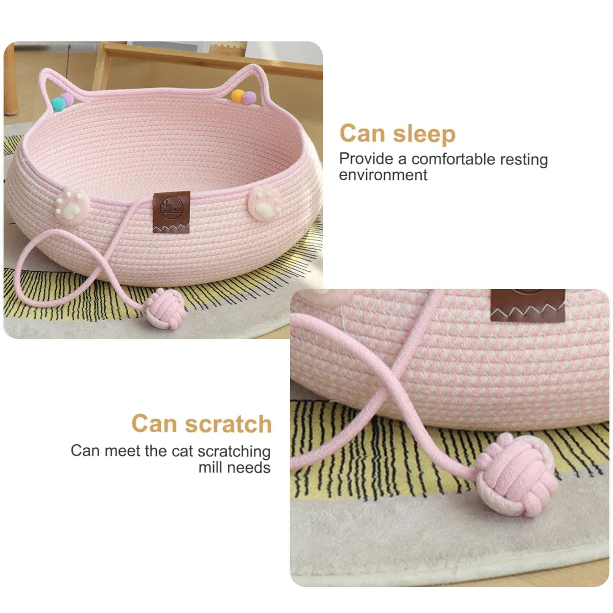 Woven Rattan Cat Bed Nest with Scratching Surface Washable Durable All Season