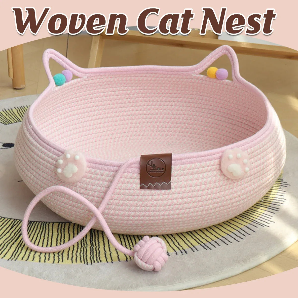 Woven Rattan Cat Bed Nest with Scratching Surface Washable Durable All Season