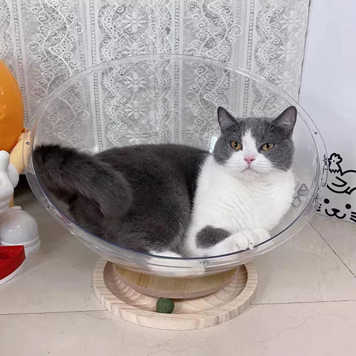 Four Seasons Acrylic Space Capsule Cat Bed Semi-closed Cool Nest Turntable Toy - L