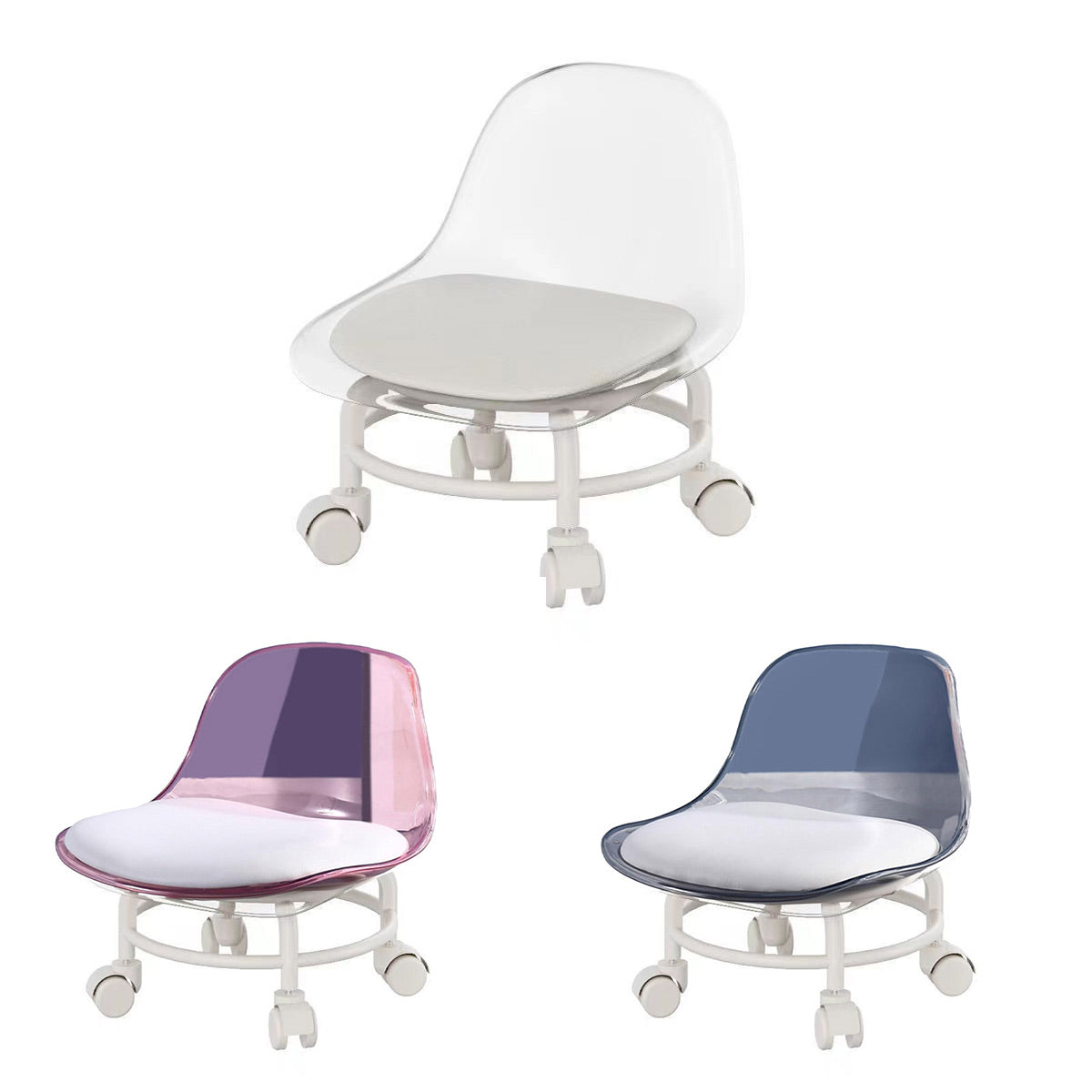 Stool with Universal Wheels Pulley Short Stool with Backrest Comfortable Seat - Grey