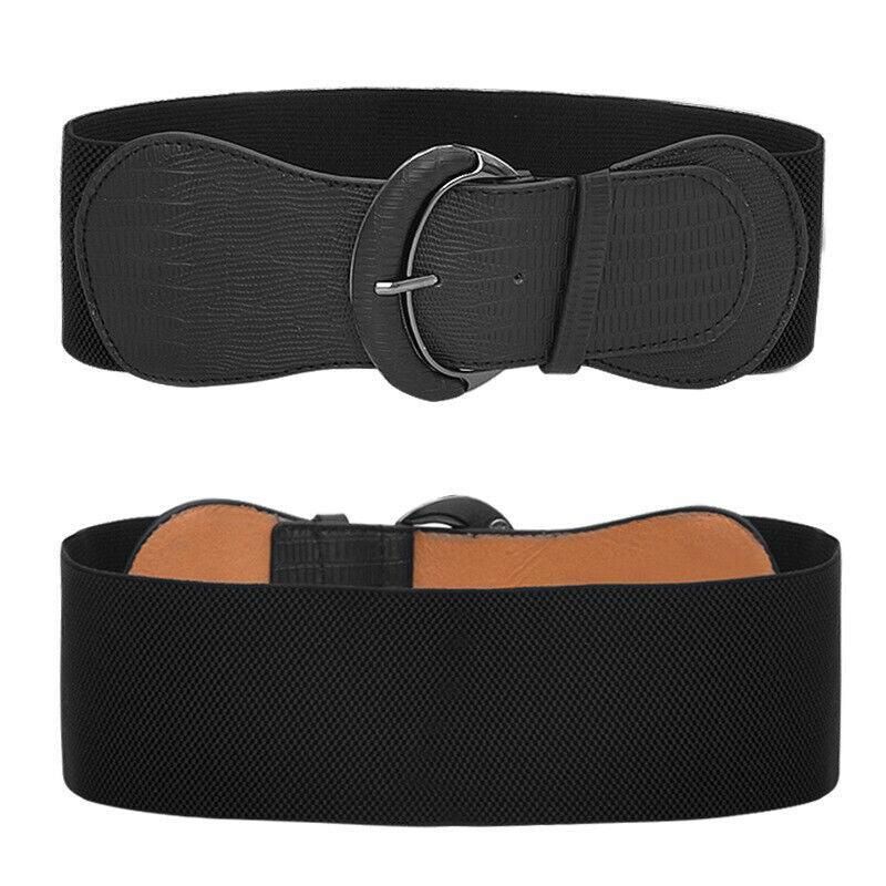 Faux Leather Cinch Waist Belt with Buckle for Women Stretch Wide Elastic Dress Belt - Leopard