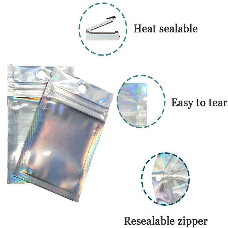 100/200X Iridescent Zip Bags for Food Storage & Holographic Makeup Pouch - 7*10cm 200PCS