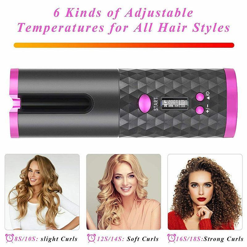 Lcd Cordless Auto Rotating Hair Curler Hair Waver Curling Iron Wireless Ceramic - Black
