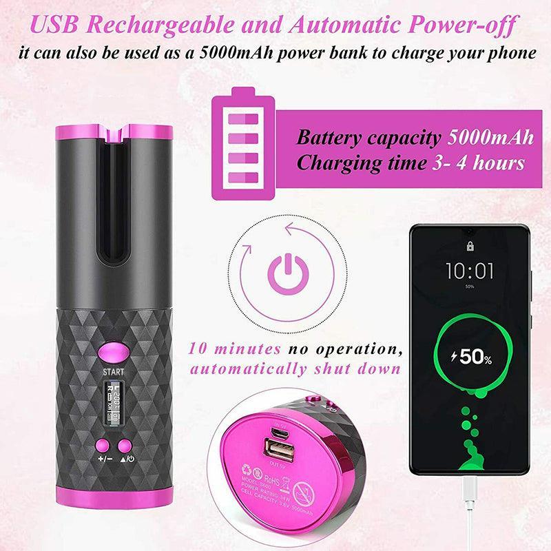 Lcd Cordless Auto Rotating Hair Curler Hair Waver Curling Iron Wireless Ceramic - Black