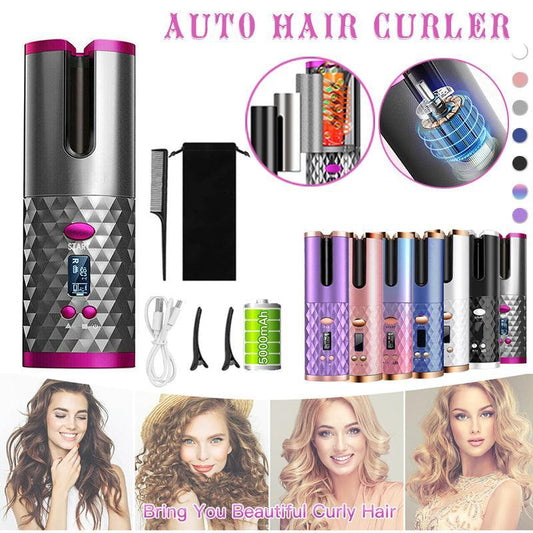Lcd Cordless Auto Rotating Hair Curler Hair Waver Curling Iron Wireless Ceramic - Grey
