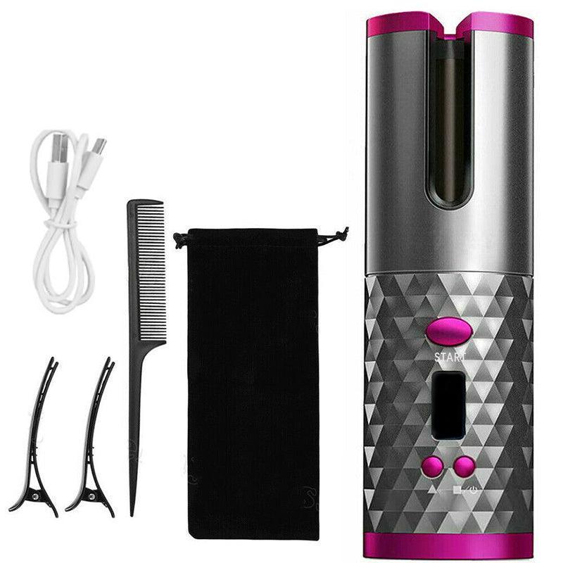 Lcd Cordless Auto Rotating Hair Curler Hair Waver Curling Iron Wireless Ceramic - Grey