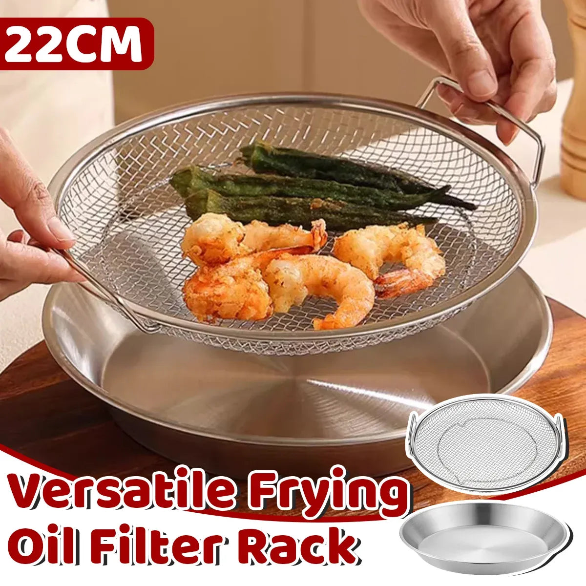 Stainless Steel Frying Skimmer Oil Drain Mesh Rack with Tray 22cm Heat Resistant