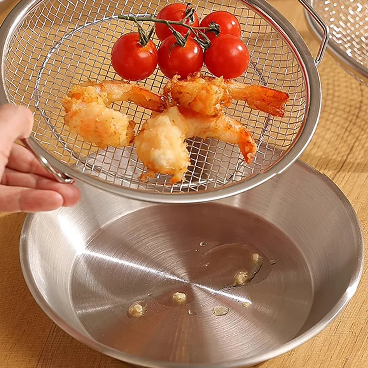 Stainless Steel Frying Skimmer Oil Drain Mesh Rack with Tray 22cm Heat Resistant