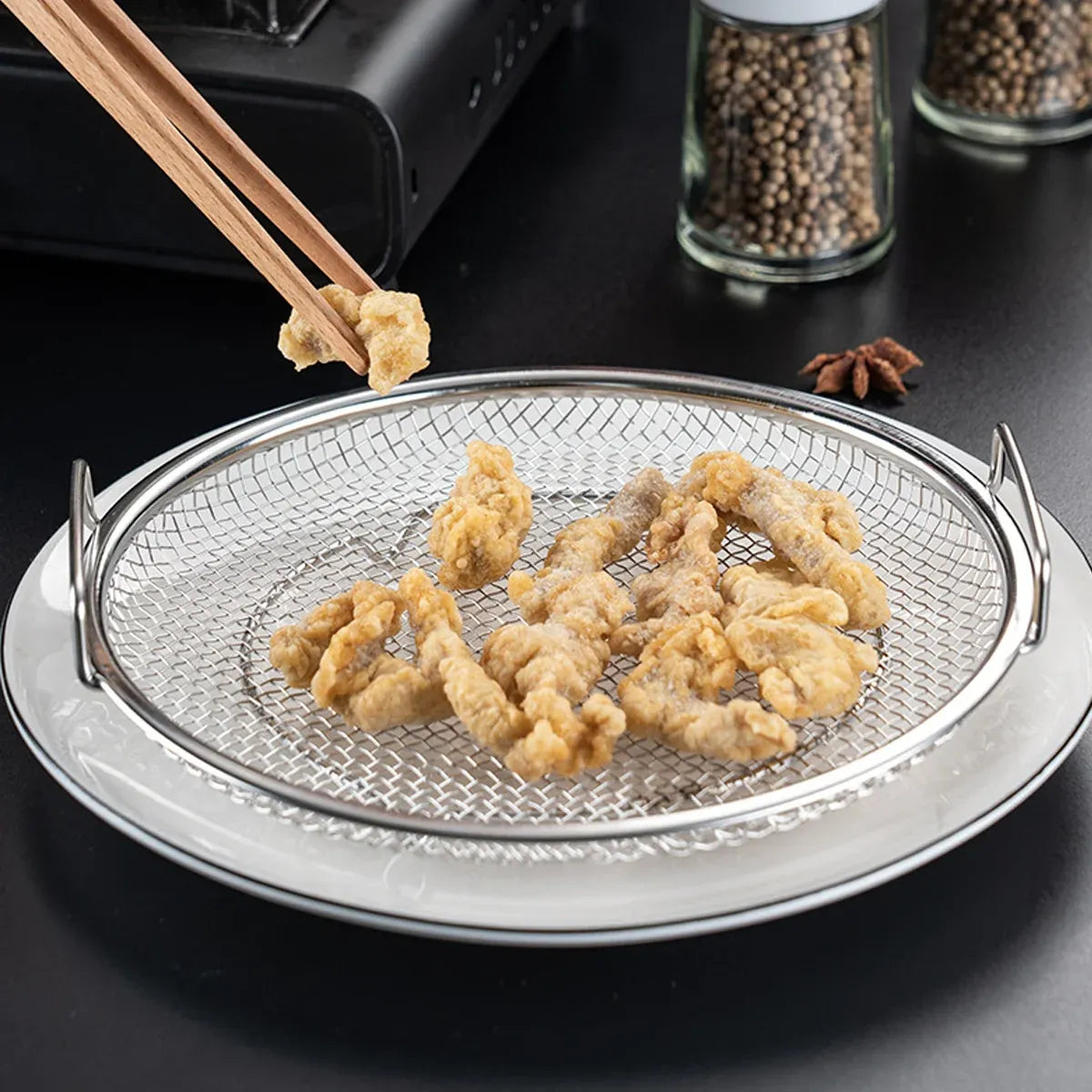Stainless Steel Frying Skimmer Oil Drain Mesh Rack with Tray 22cm Heat Resistant