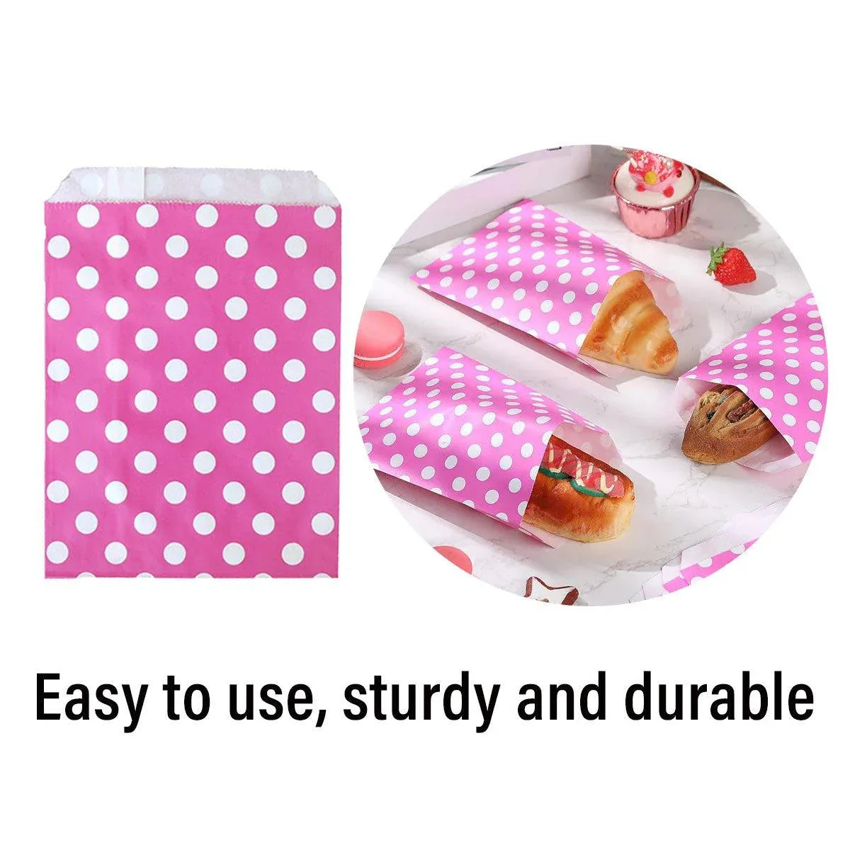 100pcs Colourful Polka Dot Paper Bags for Food Desserts Party Treats Packaging - Rose red