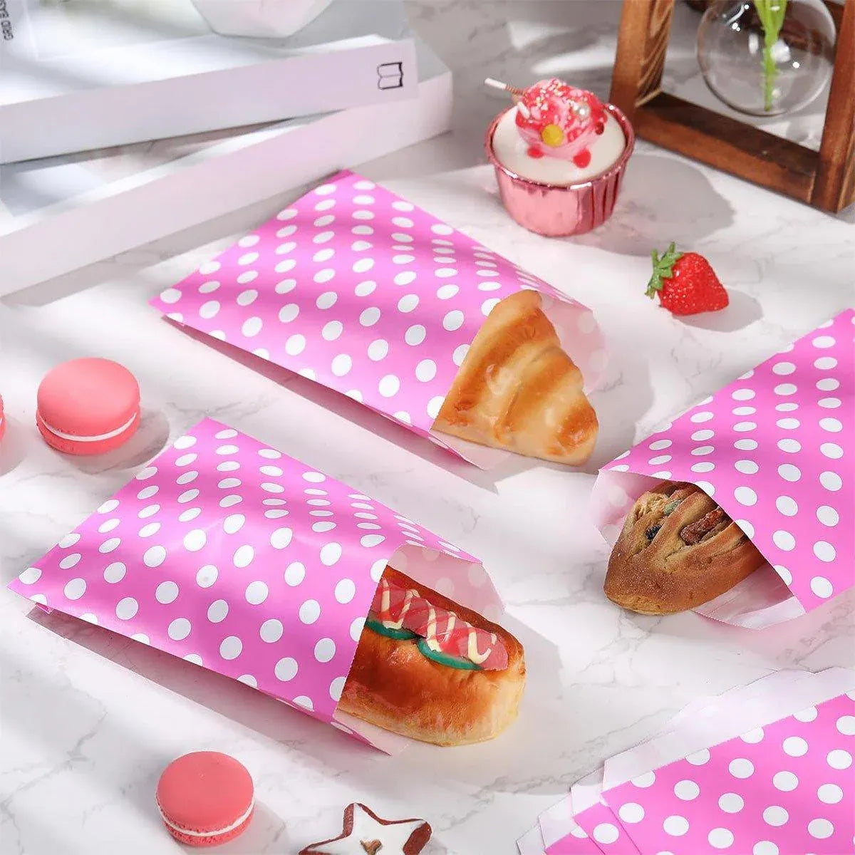 100pcs Colourful Polka Dot Paper Bags for Food Desserts Party Treats Packaging - Rose red