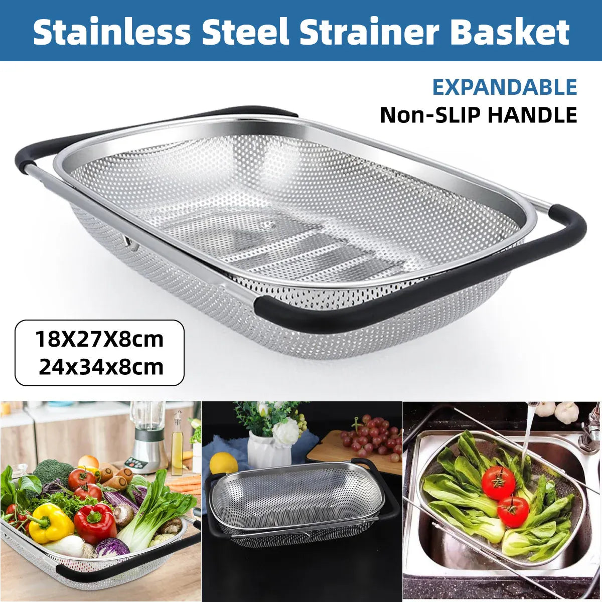 Stainless Steel Sink Basket Vegetable Washer Drain Rack Kitchen Storage Holder - 24x34x8cm