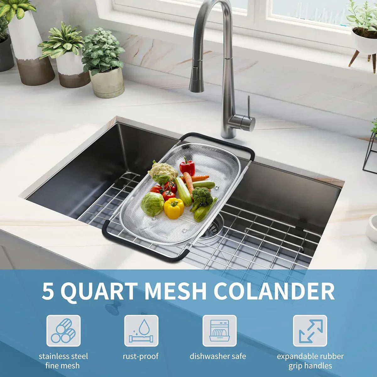 Stainless Steel Sink Basket Vegetable Washer Drain Rack Kitchen Storage Holder - 24x34x8cm