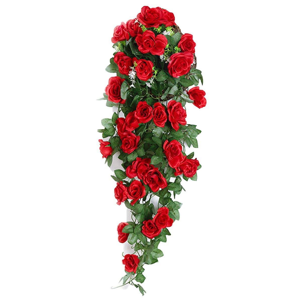 2PCS Artificial Rose Flower Garland Hanging Vine Home Wall Decor Fake Rattan - Purple