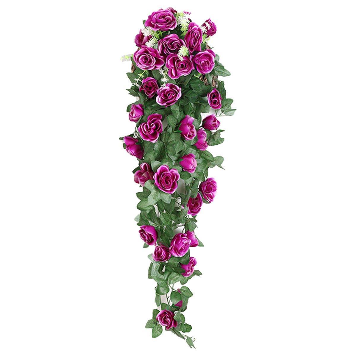 2PCS Artificial Rose Flower Garland Hanging Vine Home Wall Decor Fake Rattan - White