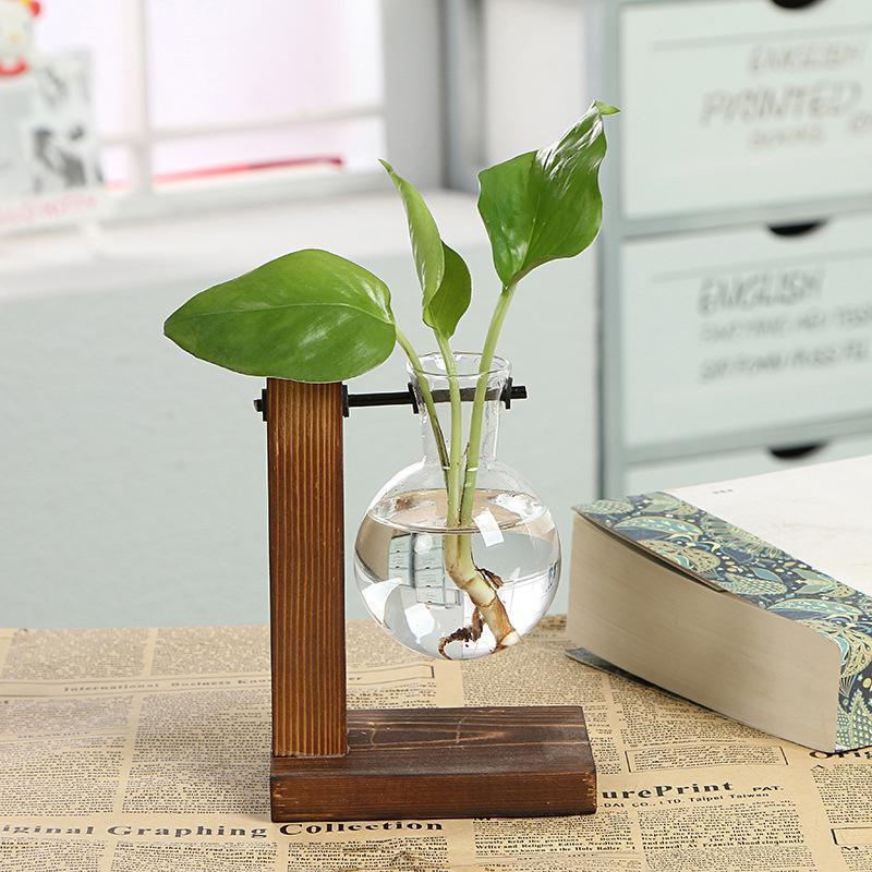 Wooden Stand Glass Flower Vase Hydroponic Hanging Plant Terrarium Container - A