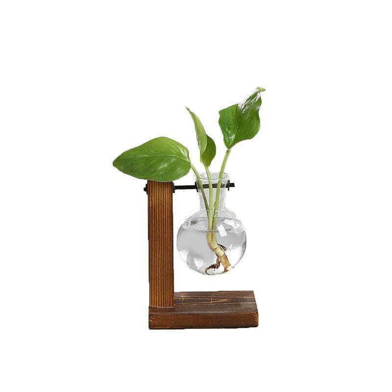 Wooden Stand Glass Flower Vase Hydroponic Hanging Plant Terrarium Container - B