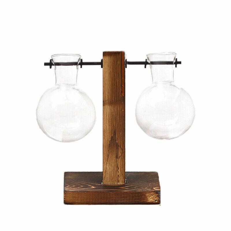 Wooden Stand Glass Flower Vase Hydroponic Hanging Plant Terrarium Container - B