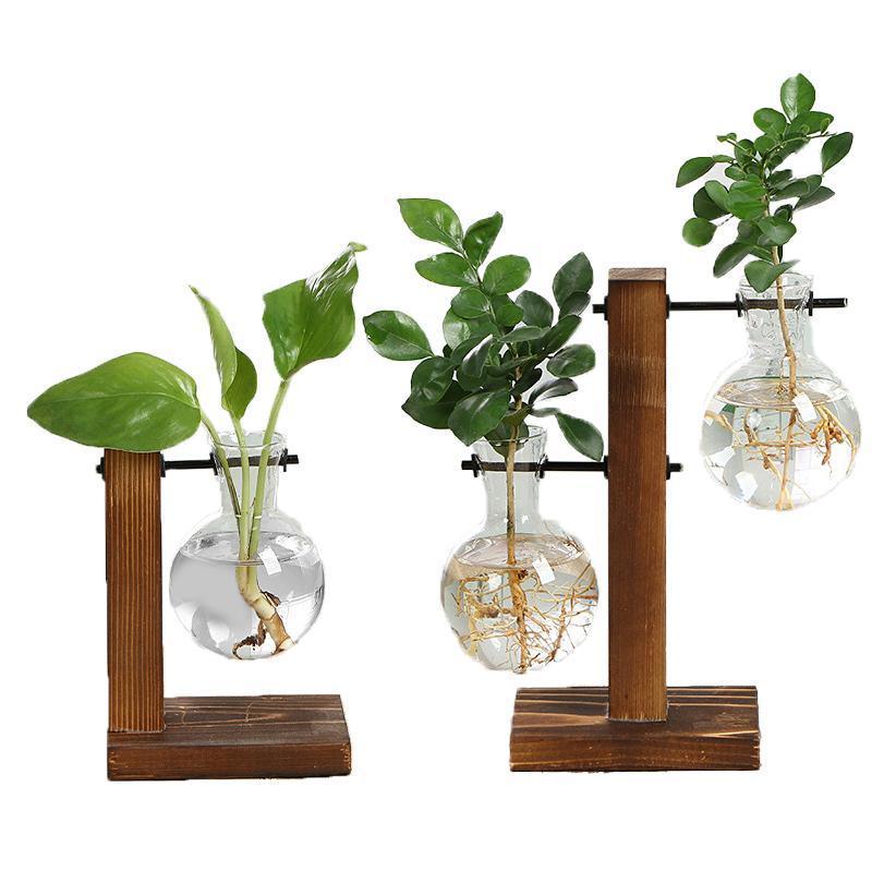 Wooden Stand Glass Flower Vase Hydroponic Hanging Plant Terrarium Container - B