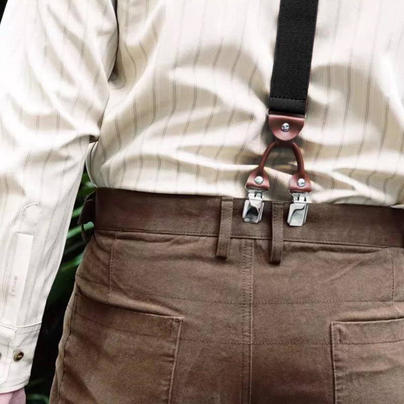 Adjustable 35mm Wide Suspenders for Men with 6 Clips Elastic Leather Braces - Red